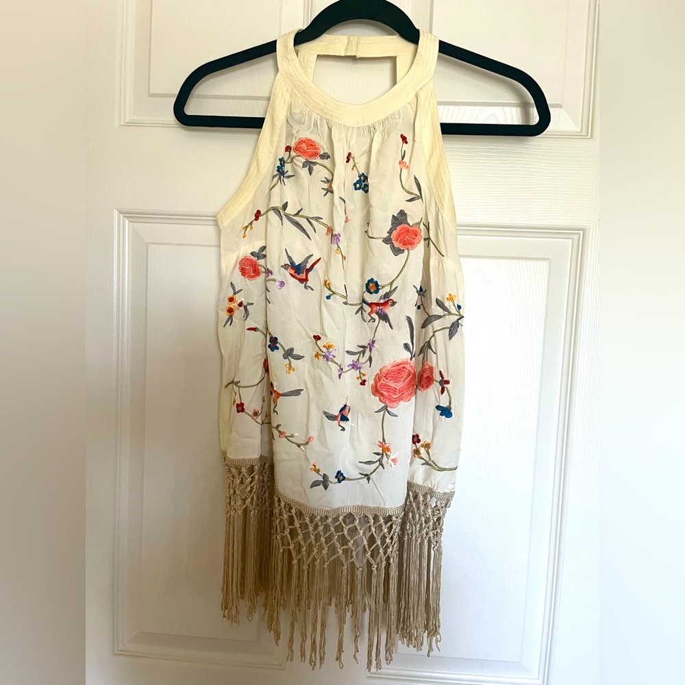 Embroidered Top with Fringe